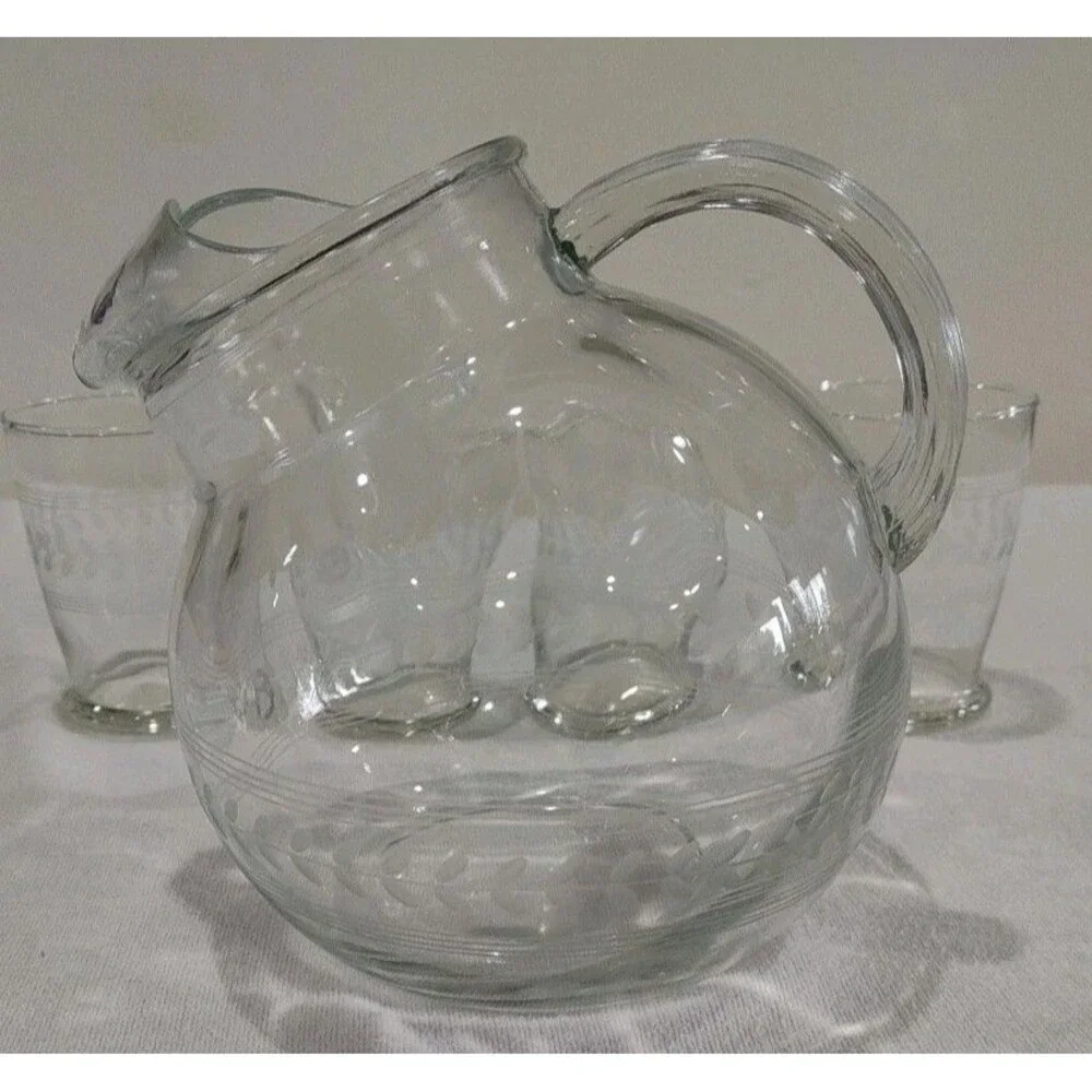Vintage Tilted Clear Water Pitcher Etched Leaves Ring & Ice Lip & 4 Glasses